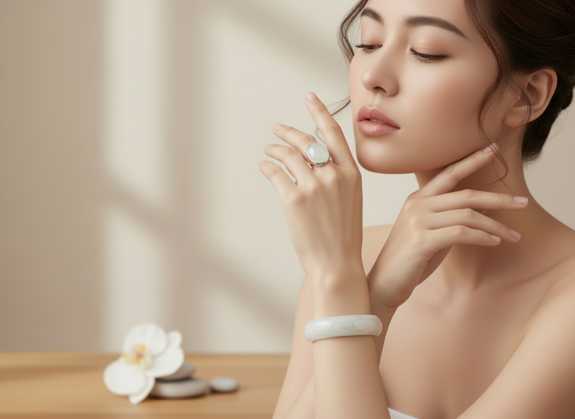Elegant woman wearing white jade bracelet and ring