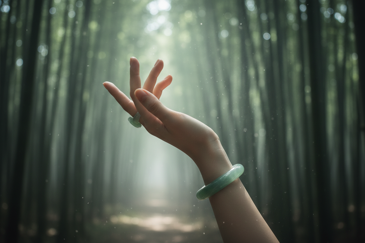 Traditional Green Chalcedony Bangle in Bamboo Forest